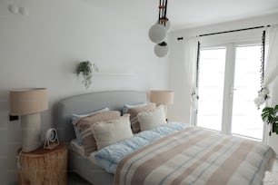 une chambre avec un grand lit et une fenêtre