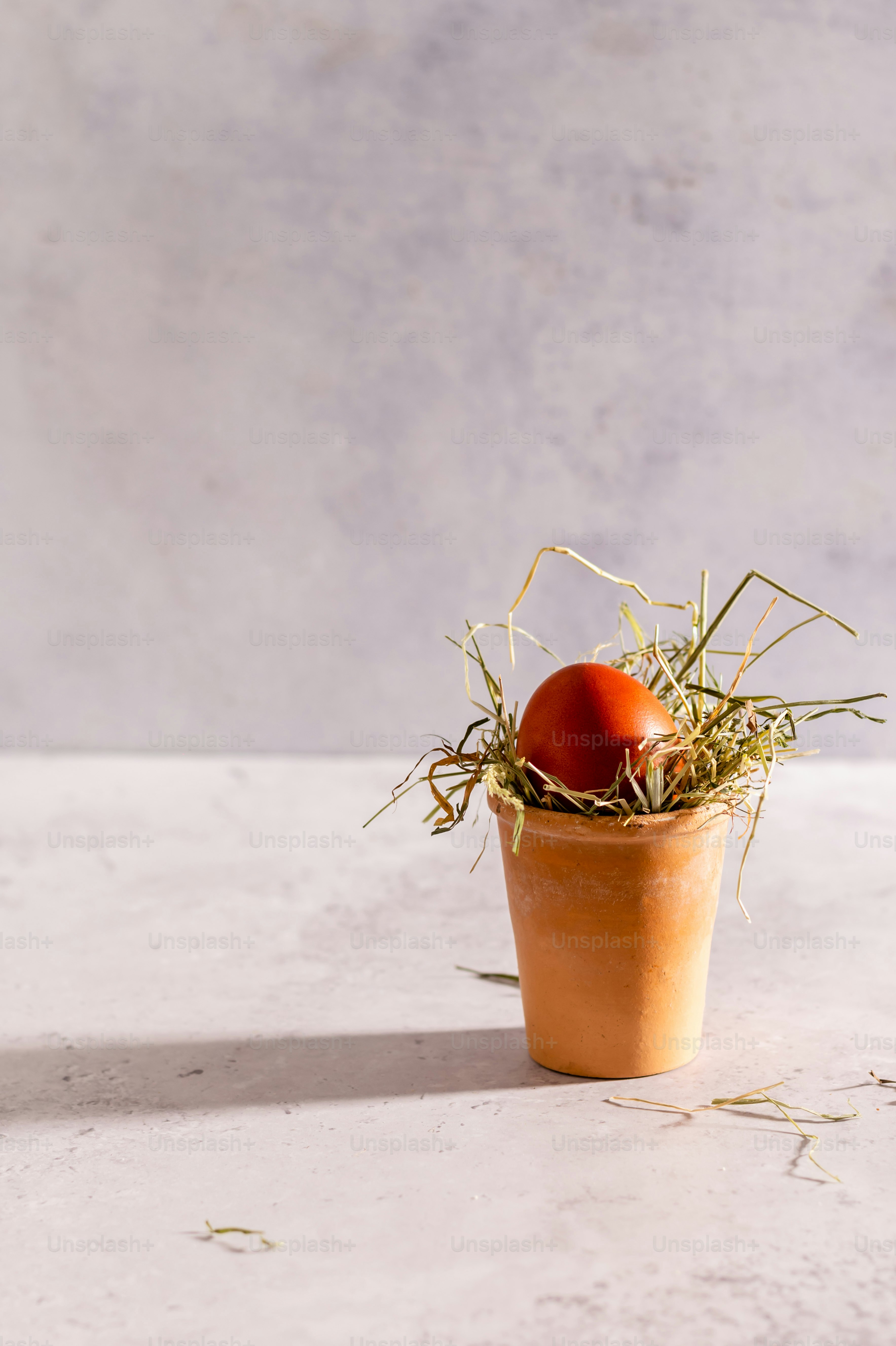 an orange egg sitting in a clay pot