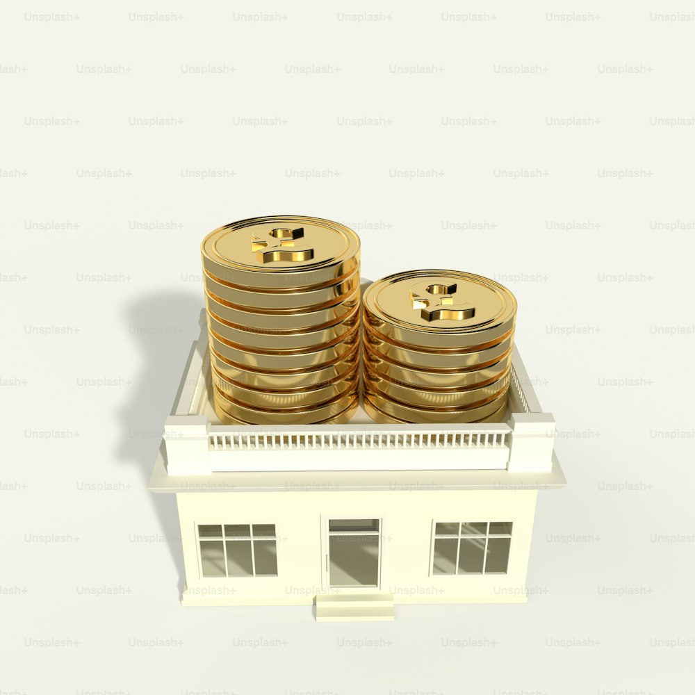 una casa con pile di monete d'oro di fronte