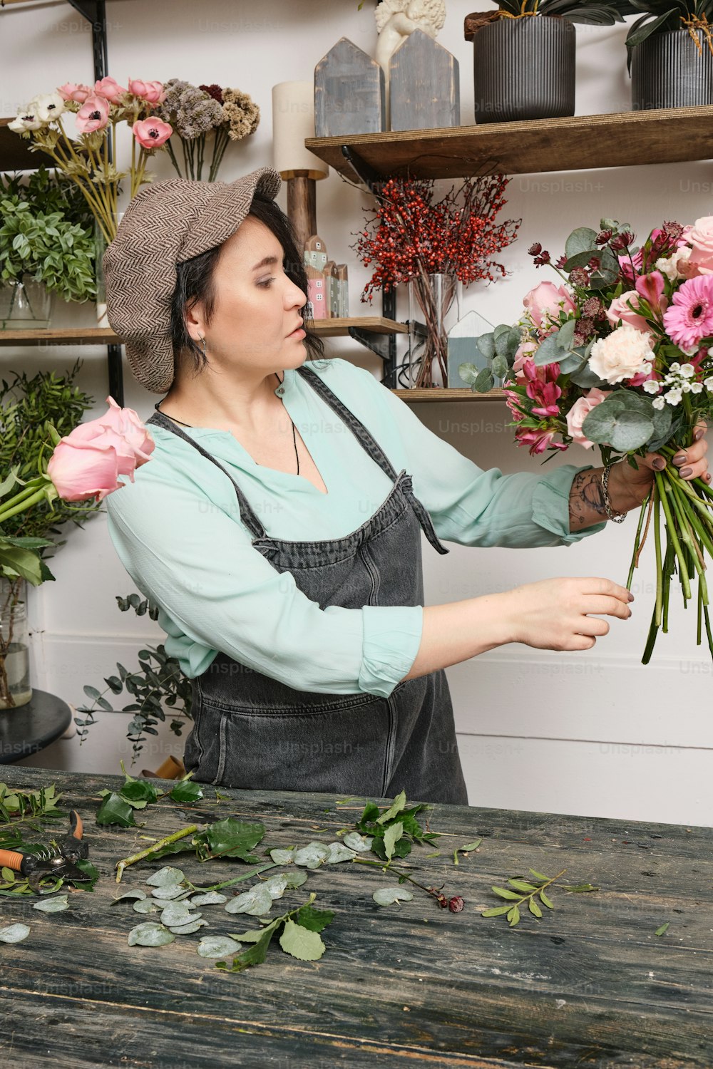 a woman arranging flowers in a flower shop