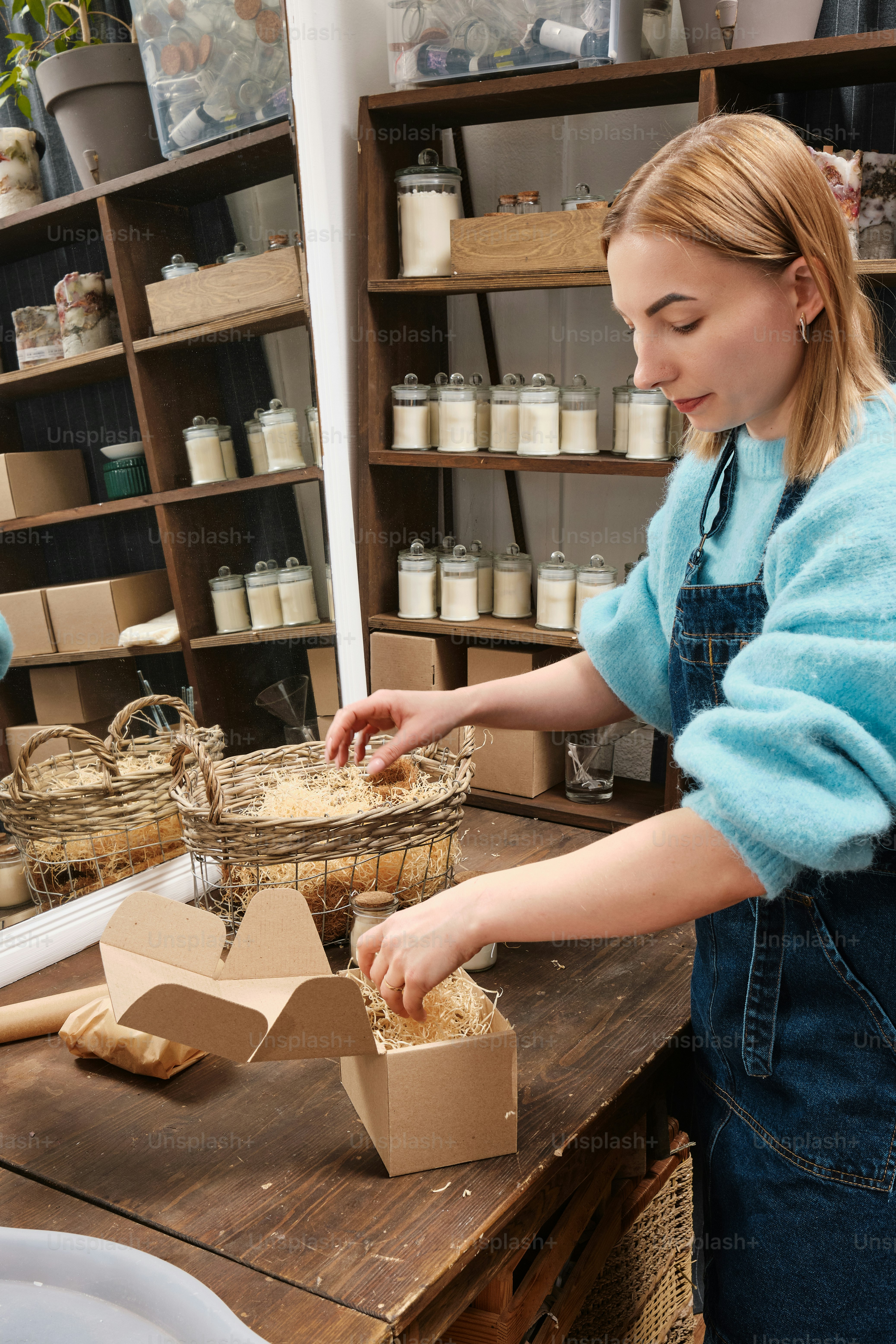 A woman in overalls and a blue sweater is putting something in a box ...