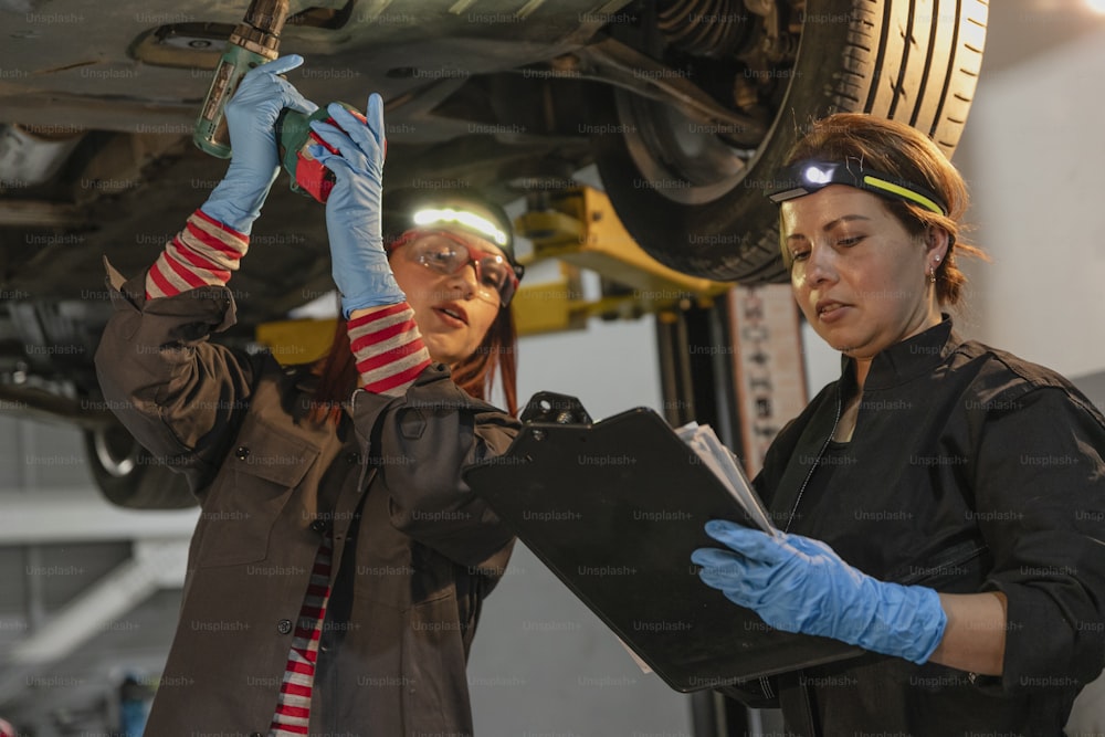 two women working on a car in a garage
