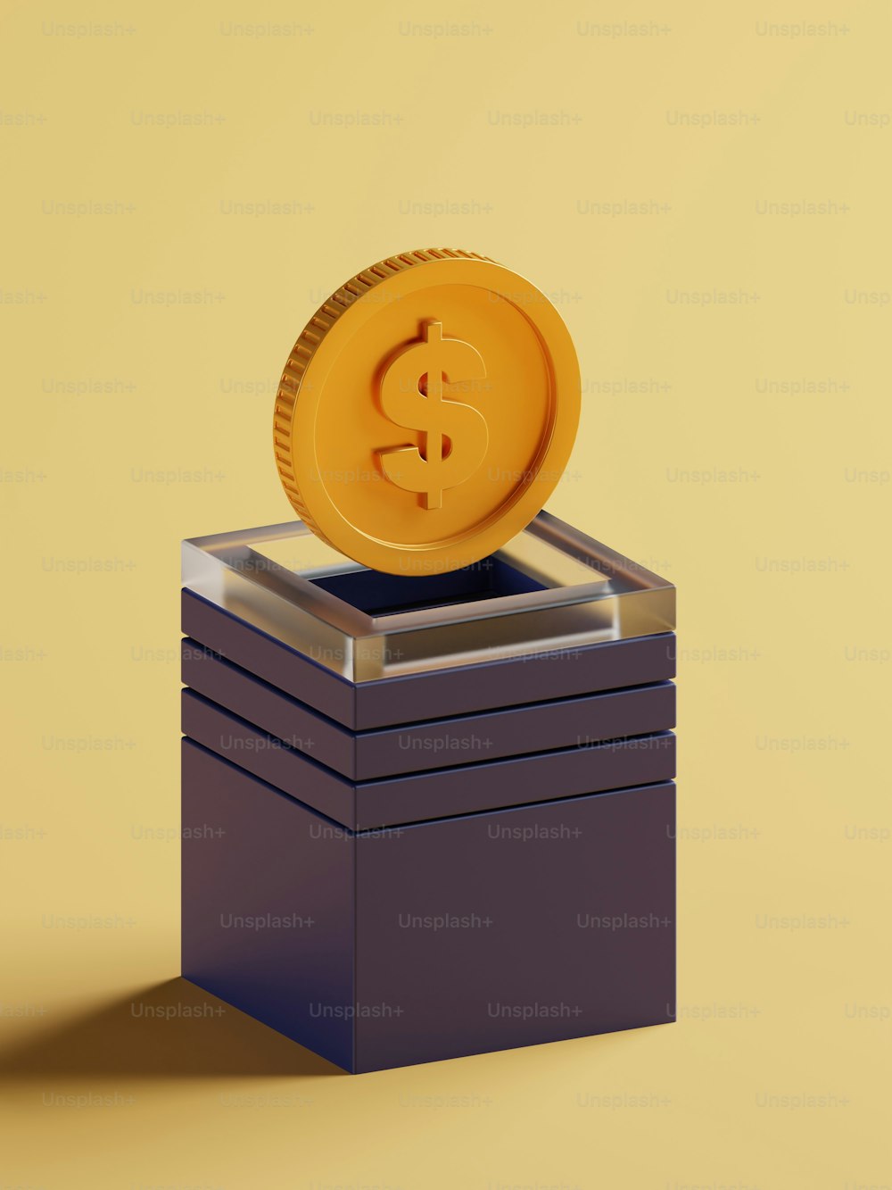 Una moneta d'oro da un dollaro seduta sopra una pila di scatole nere