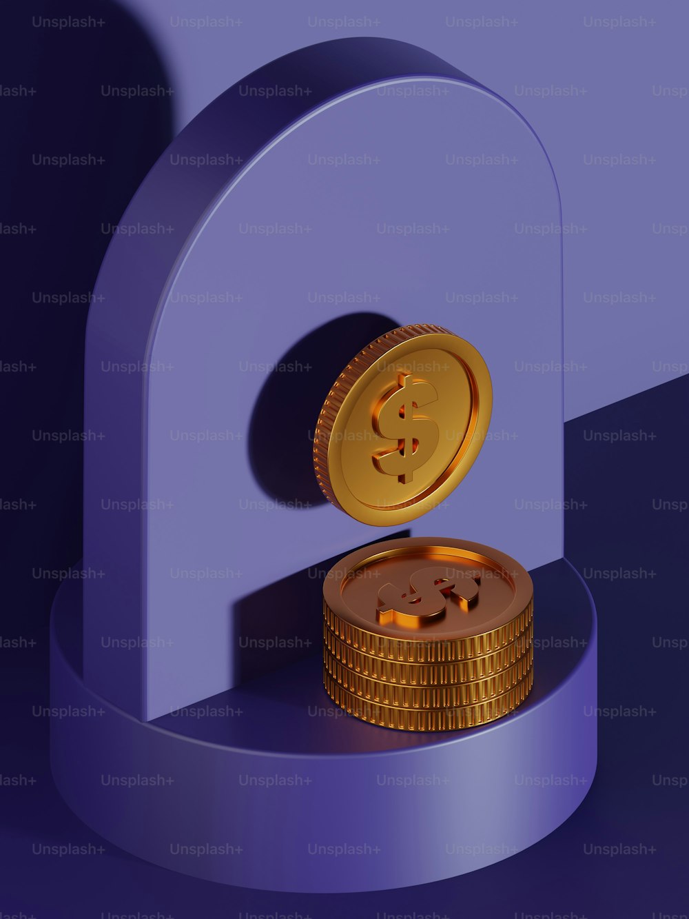 Una pila de monedas de oro sentadas encima de un estante púrpura