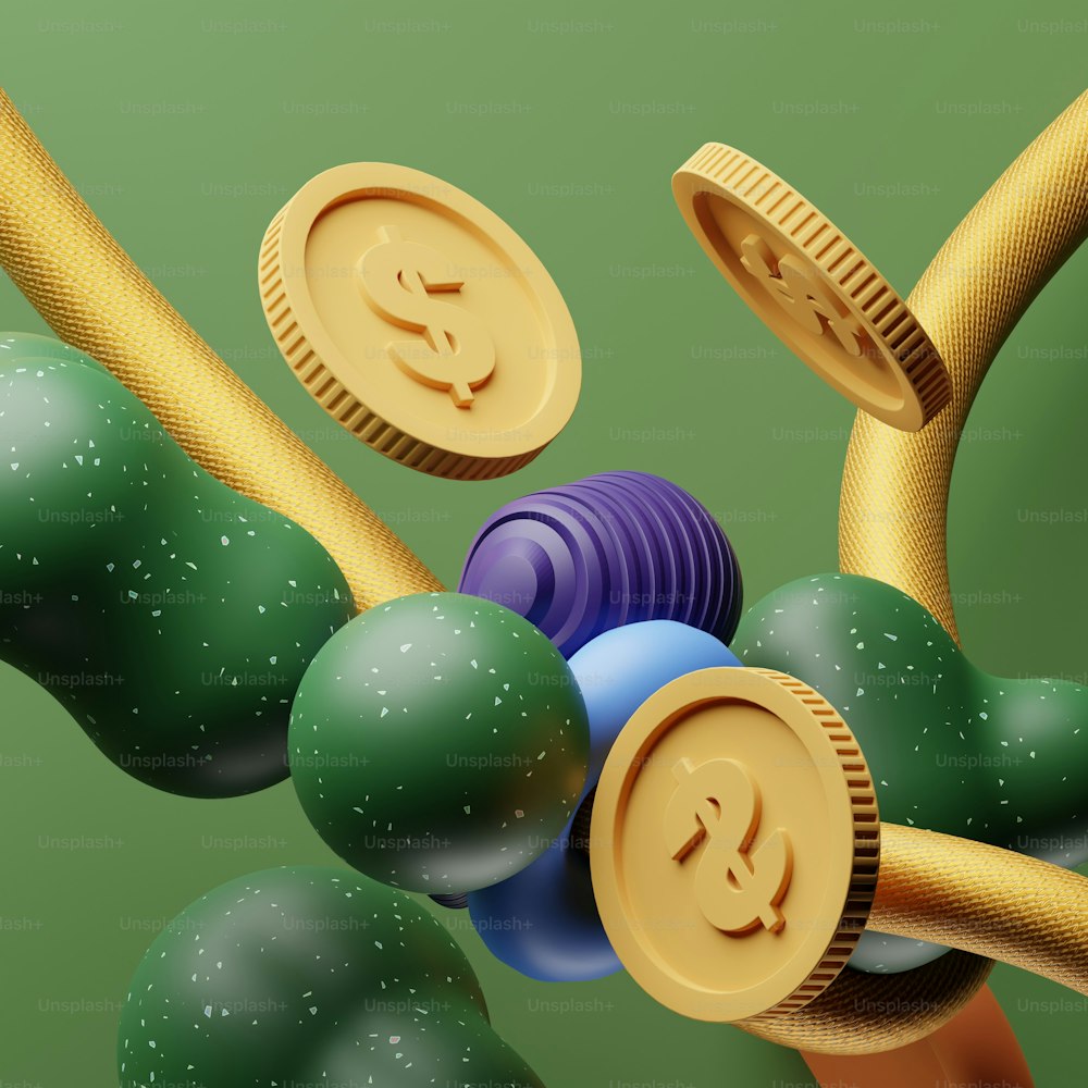 a pile of coins sitting on top of a green surface