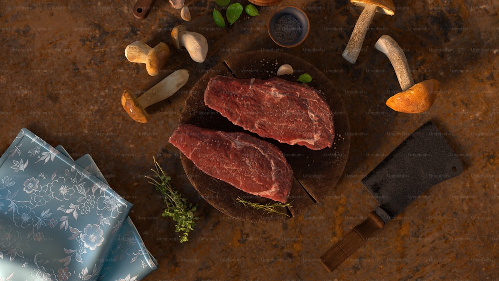 two pieces of meat sitting on top of a cutting board