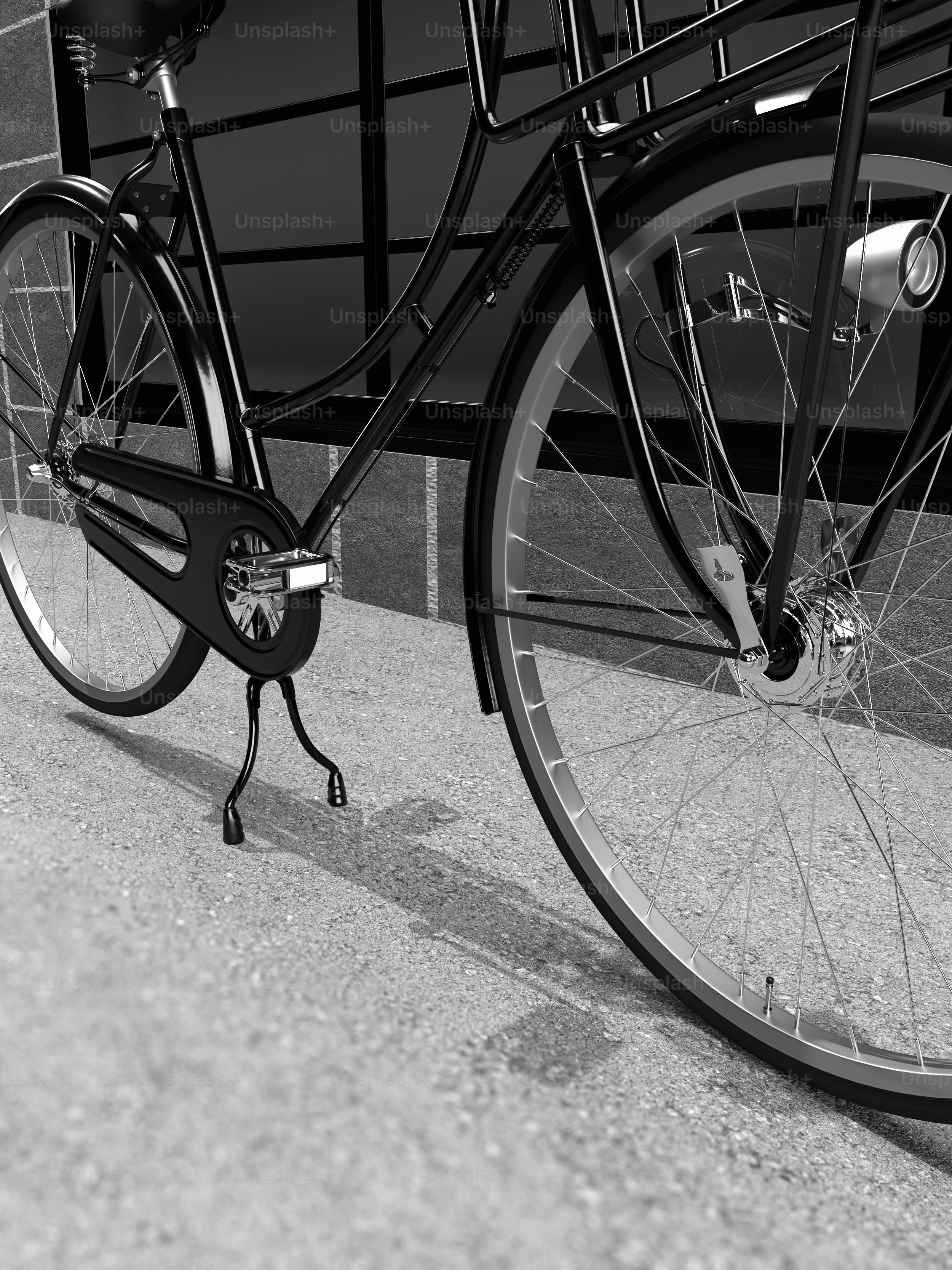 a black and white photo of a bicycle