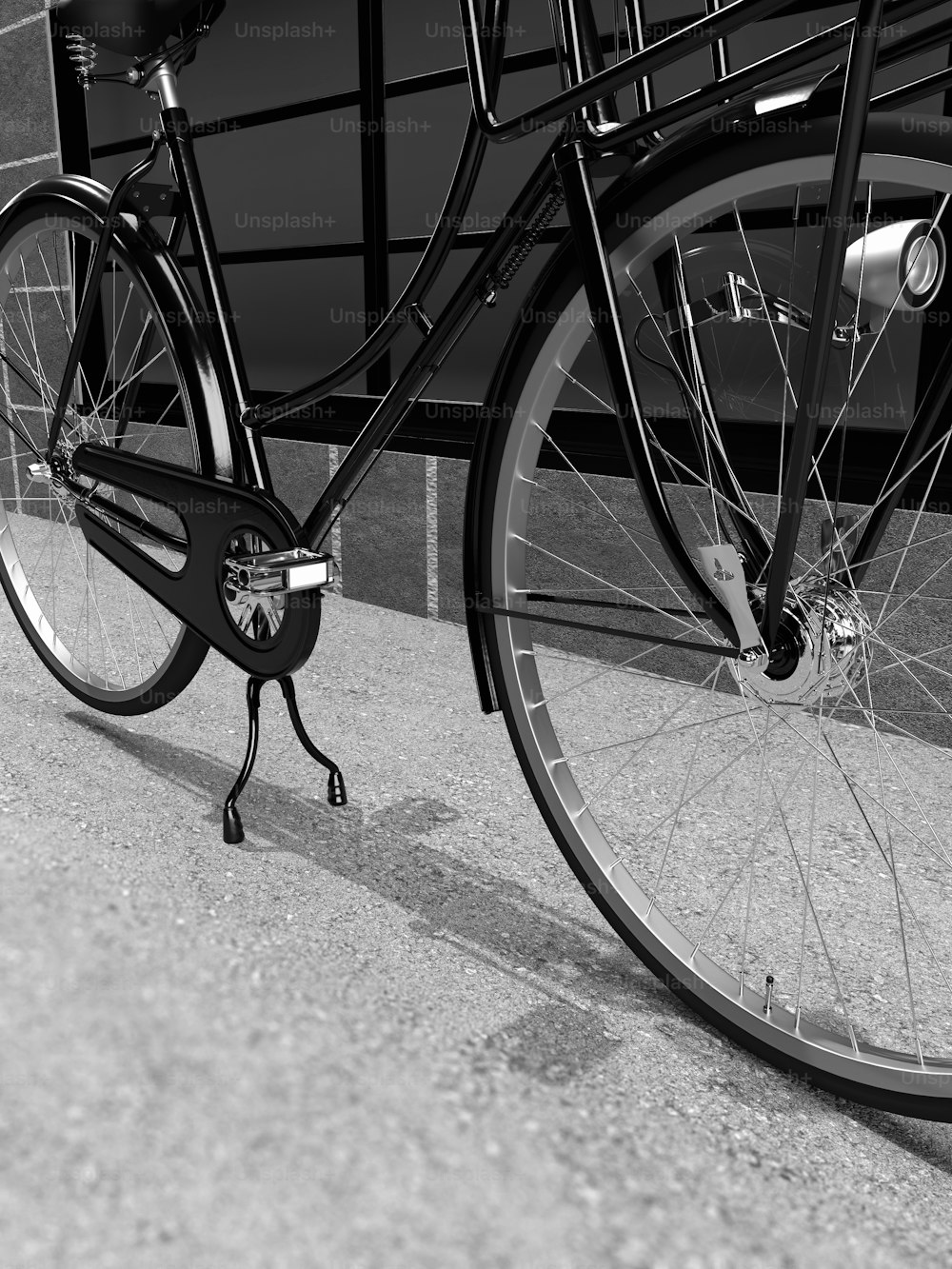 a black and white photo of a bicycle