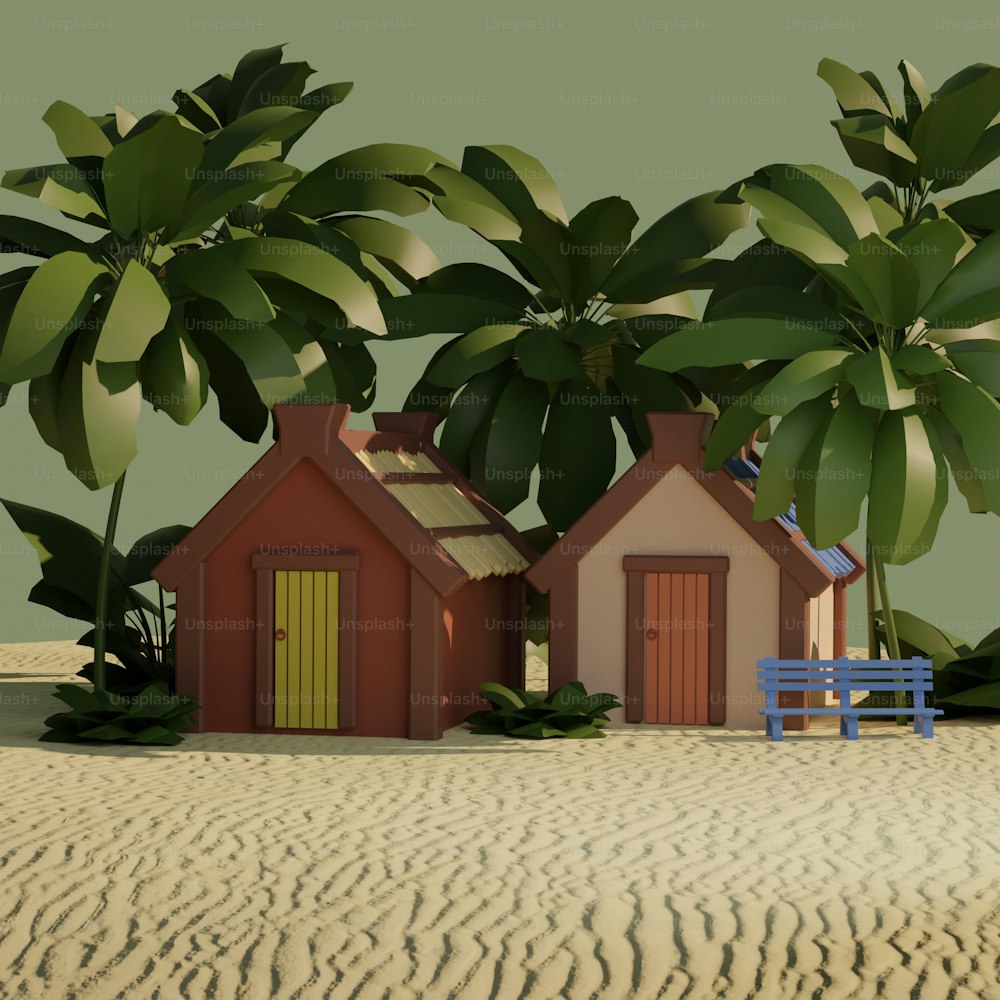 un gruppo di piccole case sedute in cima a una spiaggia sabbiosa
