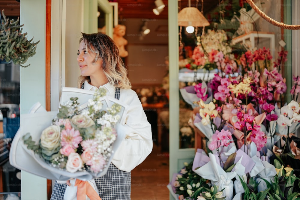 a woman holding a bouquet of flowers in front of a flower shop