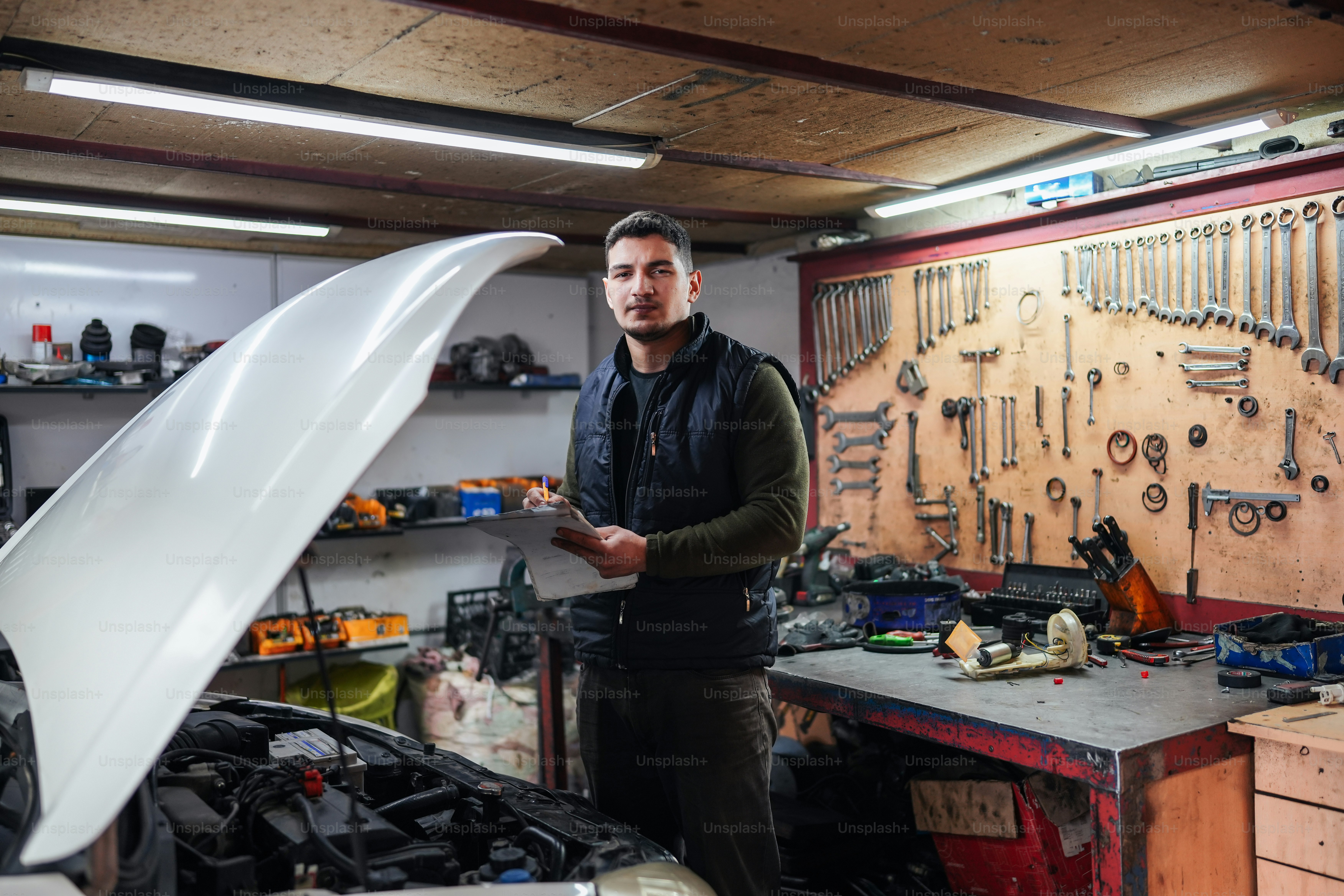 um homem de pé ao lado de um carro em uma garagem