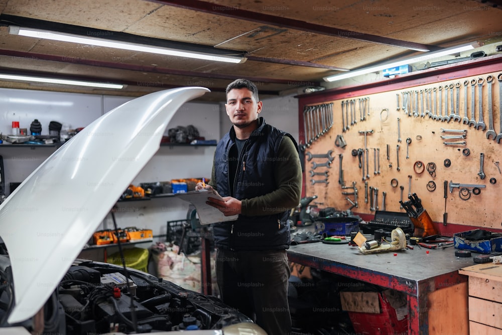 um homem de pé ao lado de um carro em uma garagem