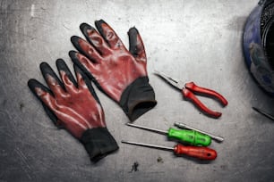 ein Paar Handschuhe und Werkzeuge auf einem Tisch