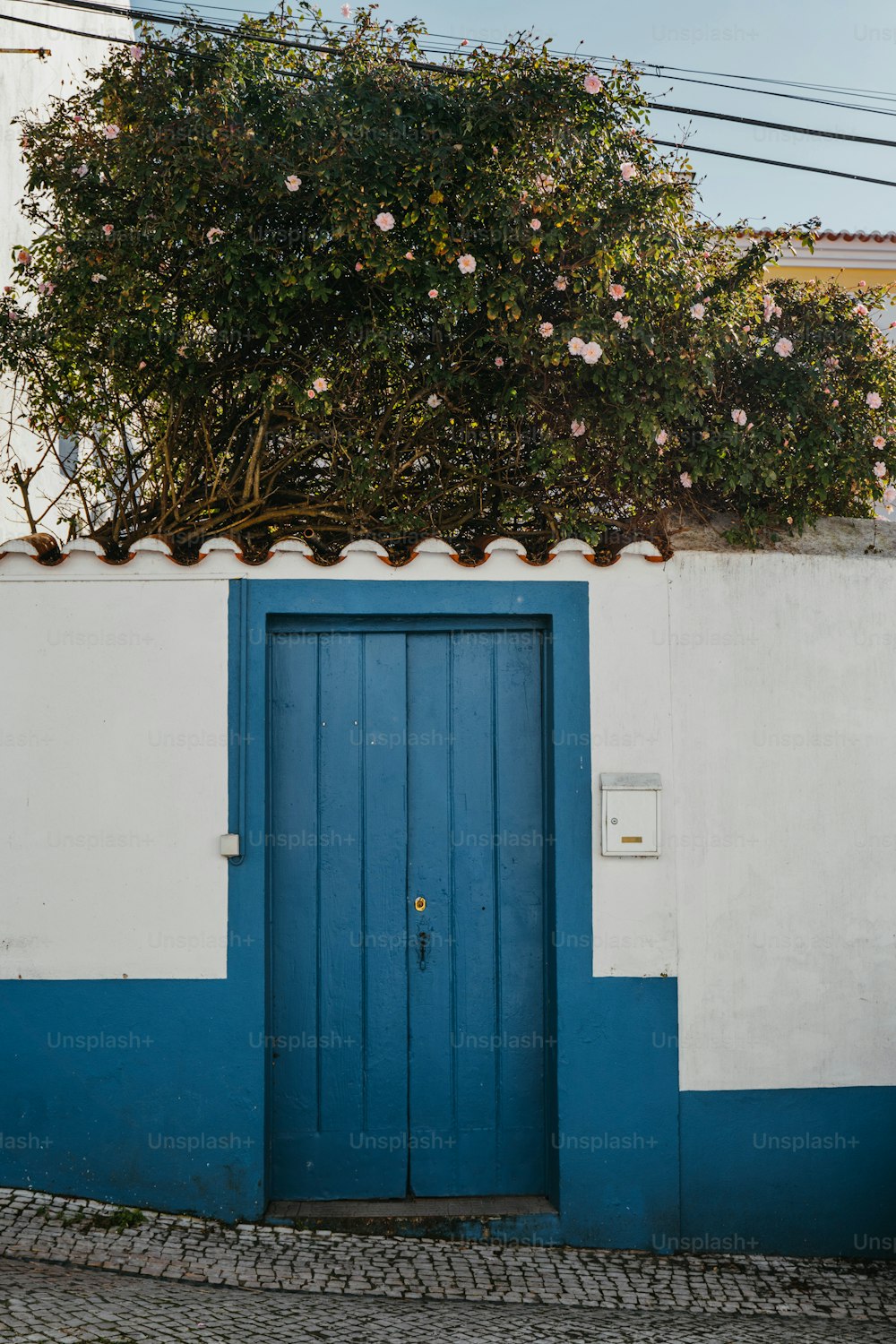 a blue and white building with a blue door