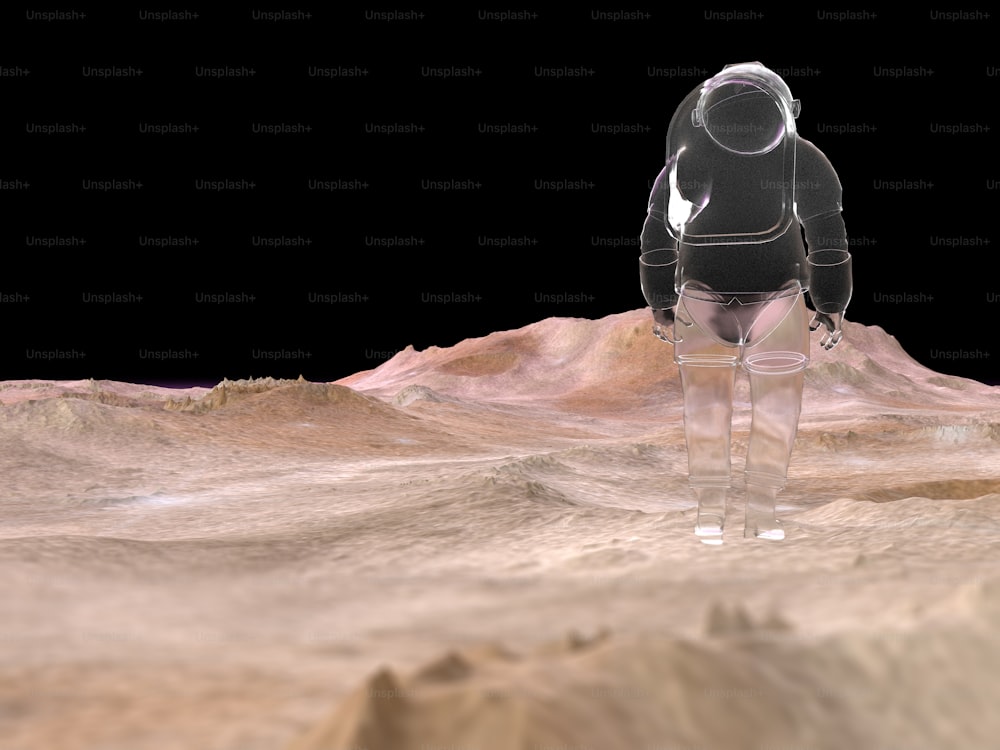 uma pessoa em um traje espacial de pé em uma superfície rochosa