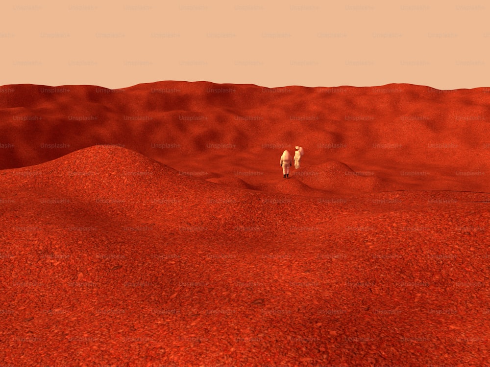 a couple of people standing on top of a red desert