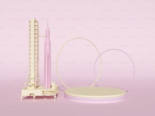 Un modelo rosa y blanco de un cohete y su soporte