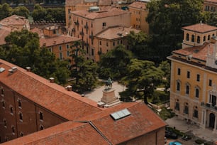 an aerial view of a city with a clock tower