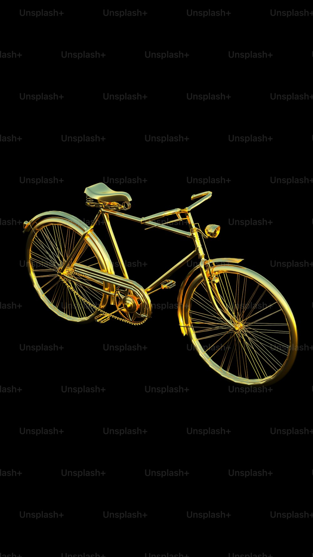 a golden bicycle is shown against a black background