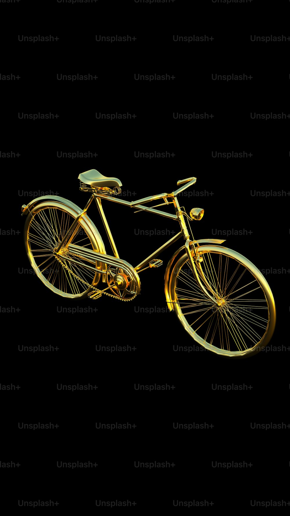 a golden bicycle is shown against a black background