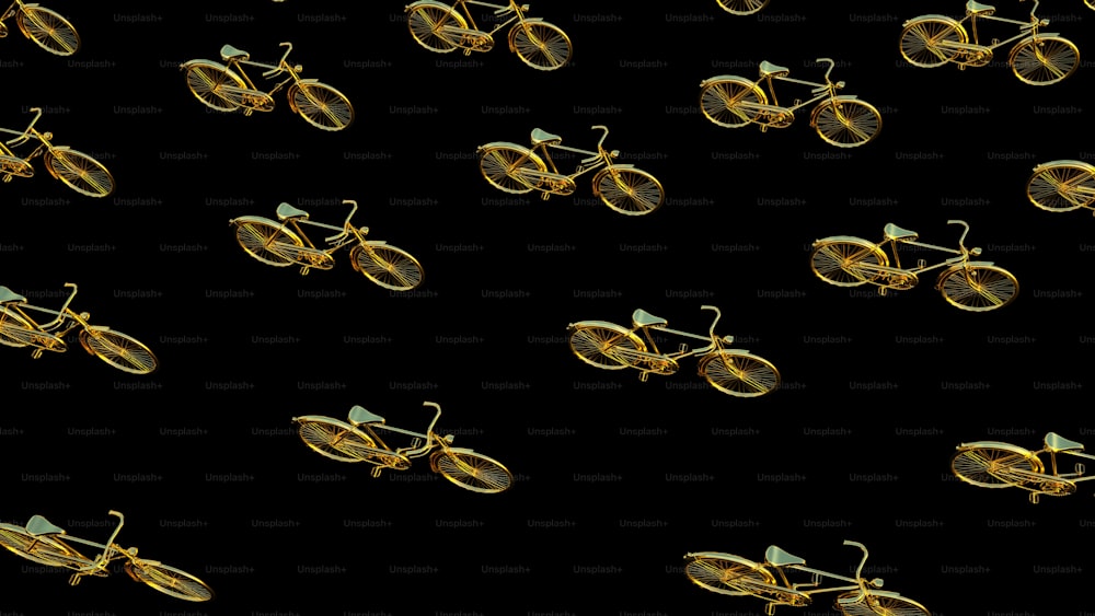 uno sfondo nero con un sacco di biciclette dorate