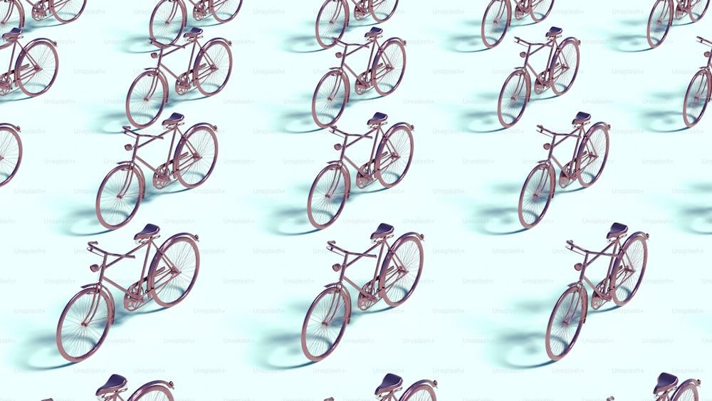눈 속에 서있는 많은 자전거 그룹