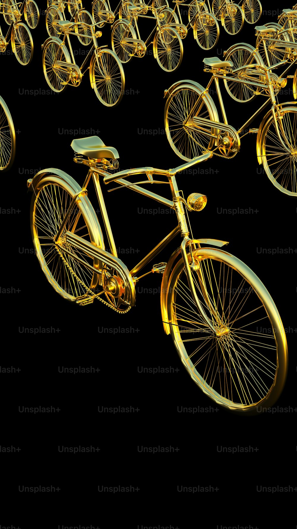 a bunch of bikes that are gold in color