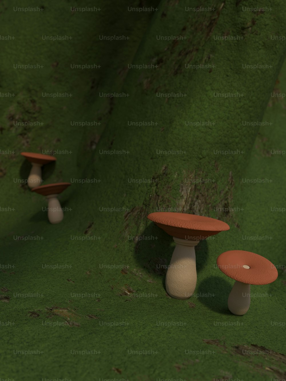 a group of mushrooms sitting on top of a lush green field