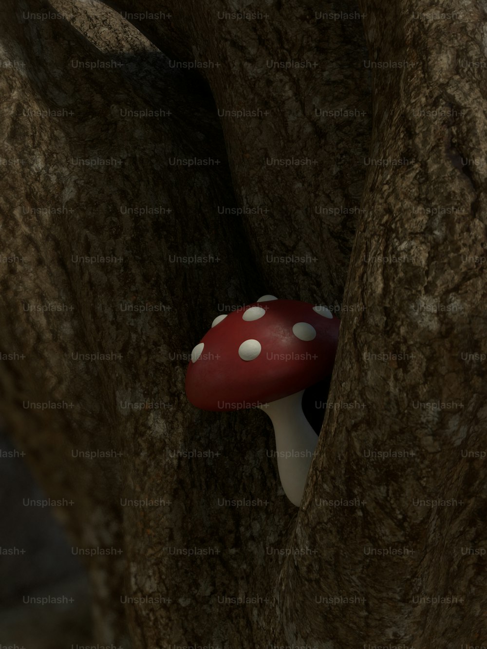 a red mushroom sitting in the middle of a tree