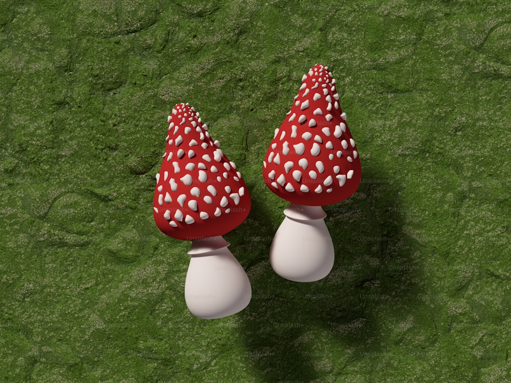 a pair of red and white mushrooms sitting on top of a green field