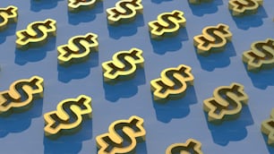 a group of gold dollar signs sitting on top of a blue surface