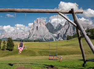 a person on a swing in a field with mountains in the background