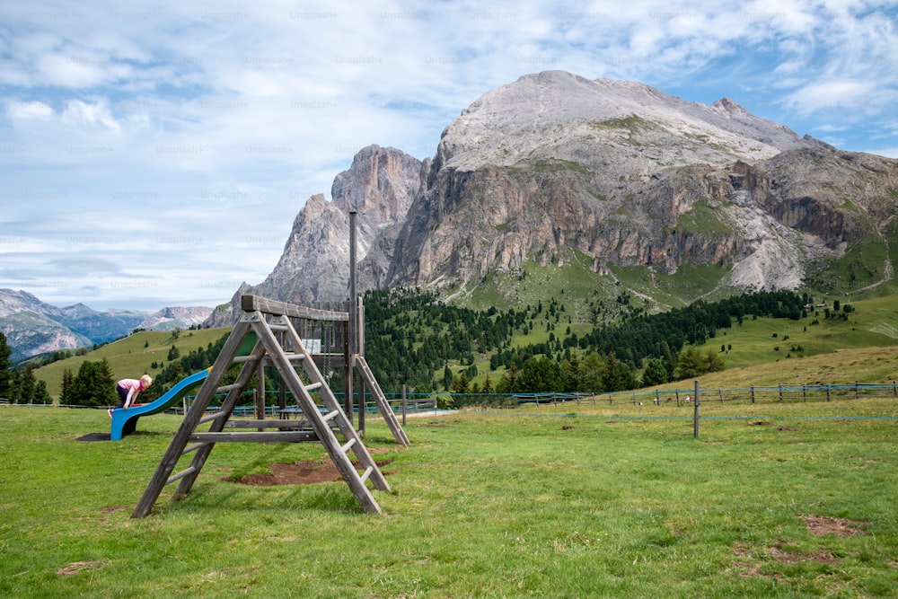 a wooden swing set in a grassy field with mountains in the background