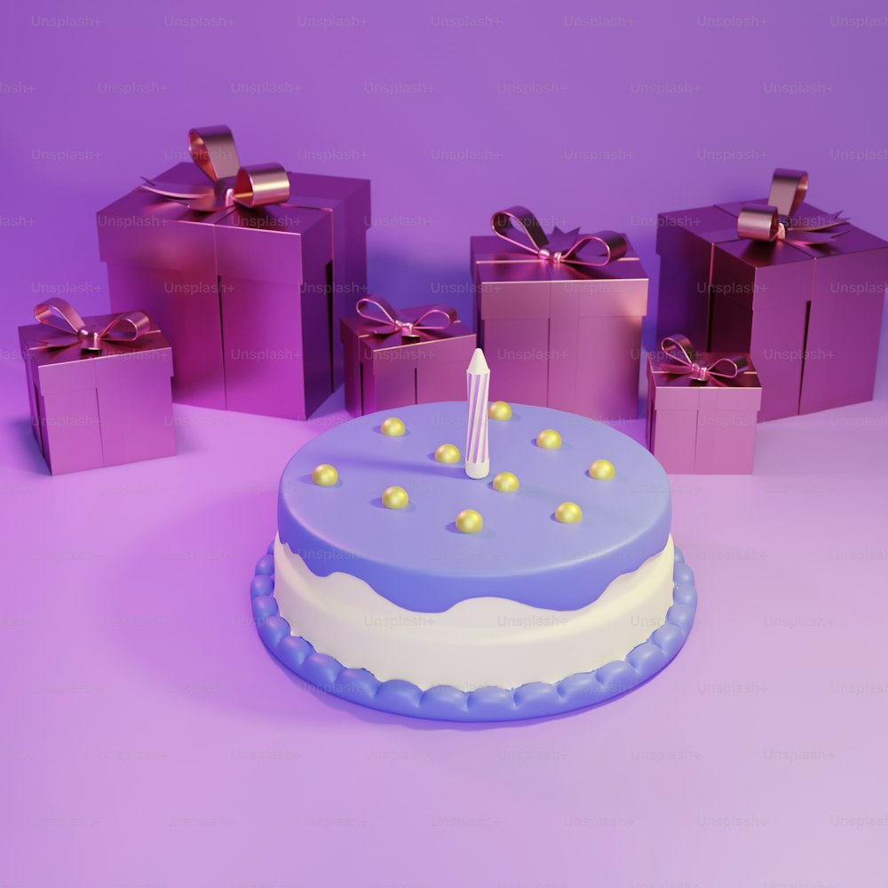 Un pastel de cumpleaños azul y blanco rodeado de regalos