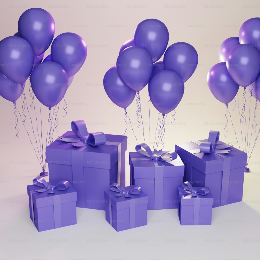 a bunch of purple presents with balloons and a bow