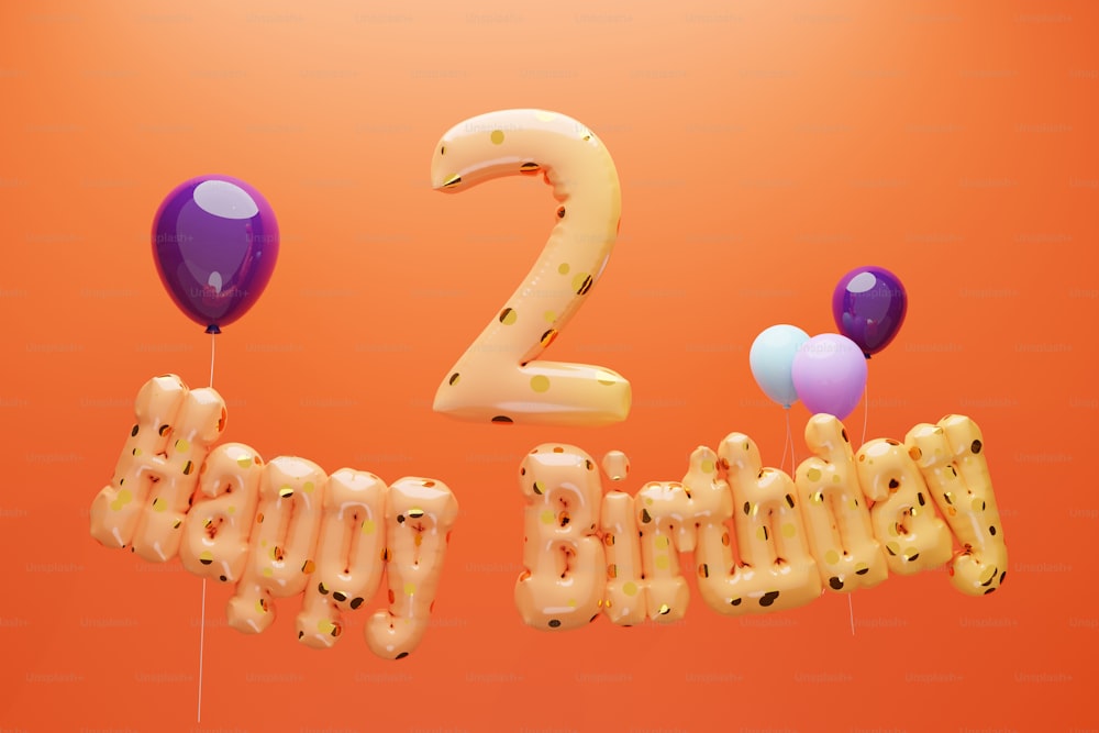 dois balões estão flutuando no ar ao lado de um sinal de feliz aniversário