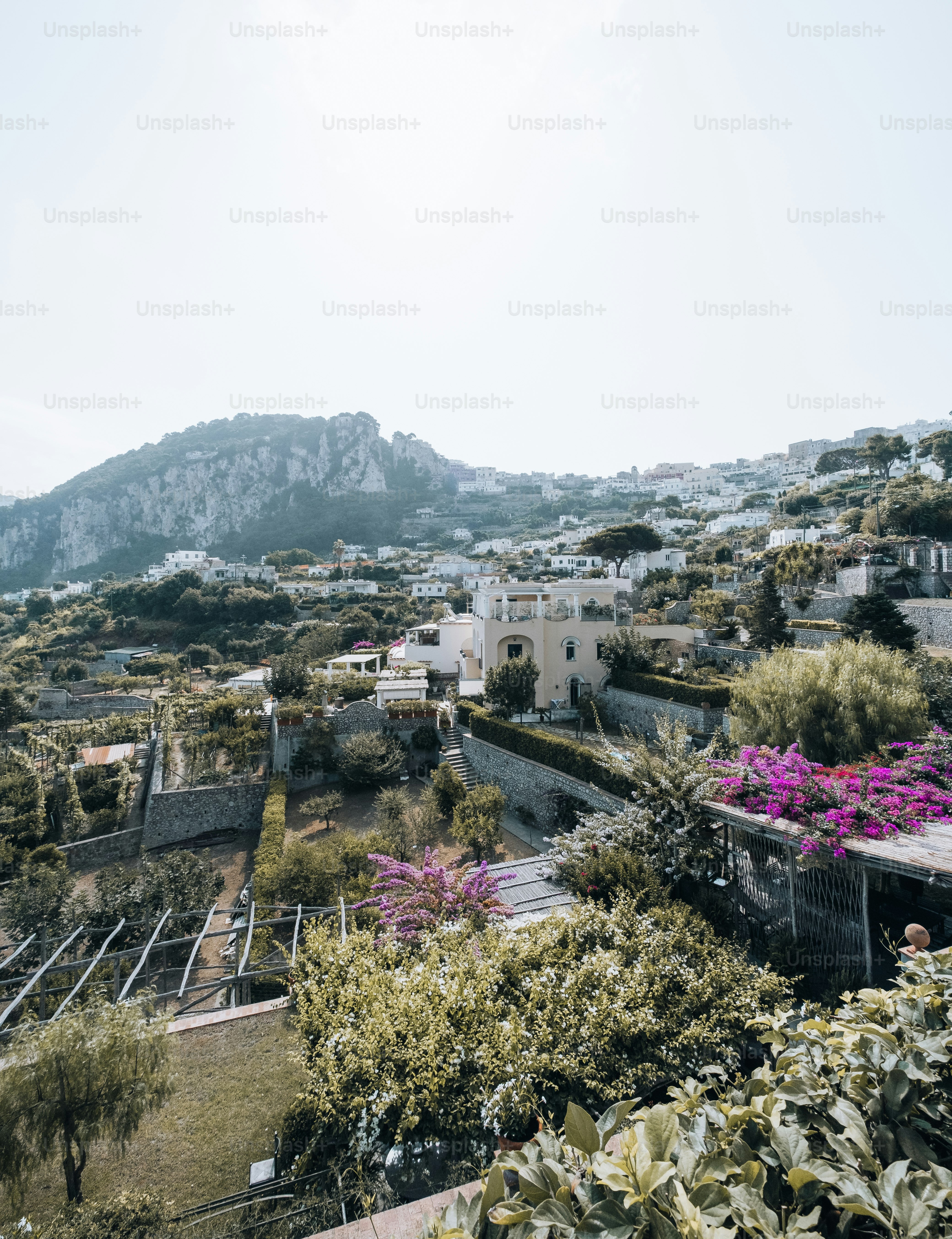 a scenic view of a city with mountains in the background