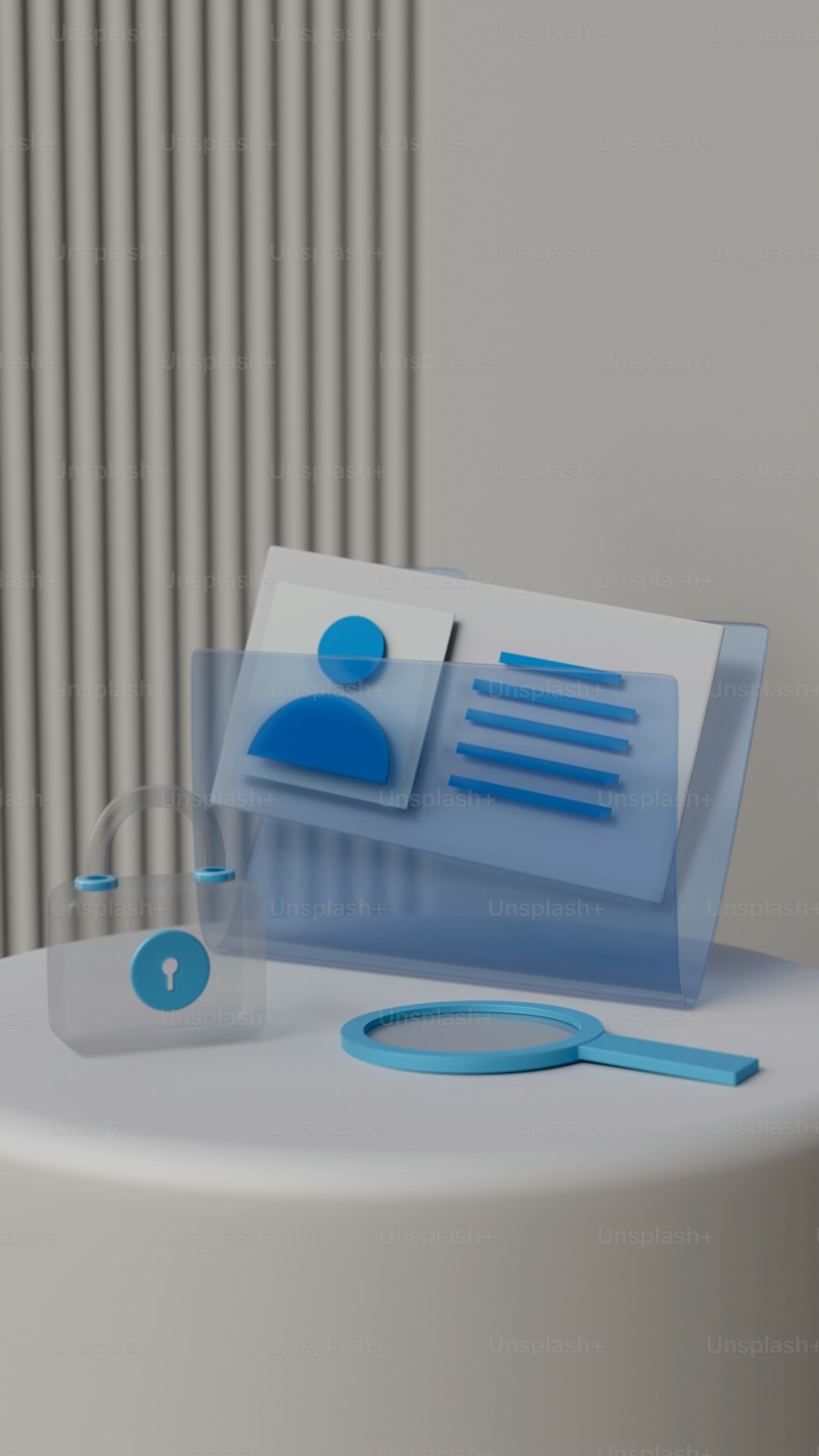 uma mesa branca com um objeto azul em cima dela