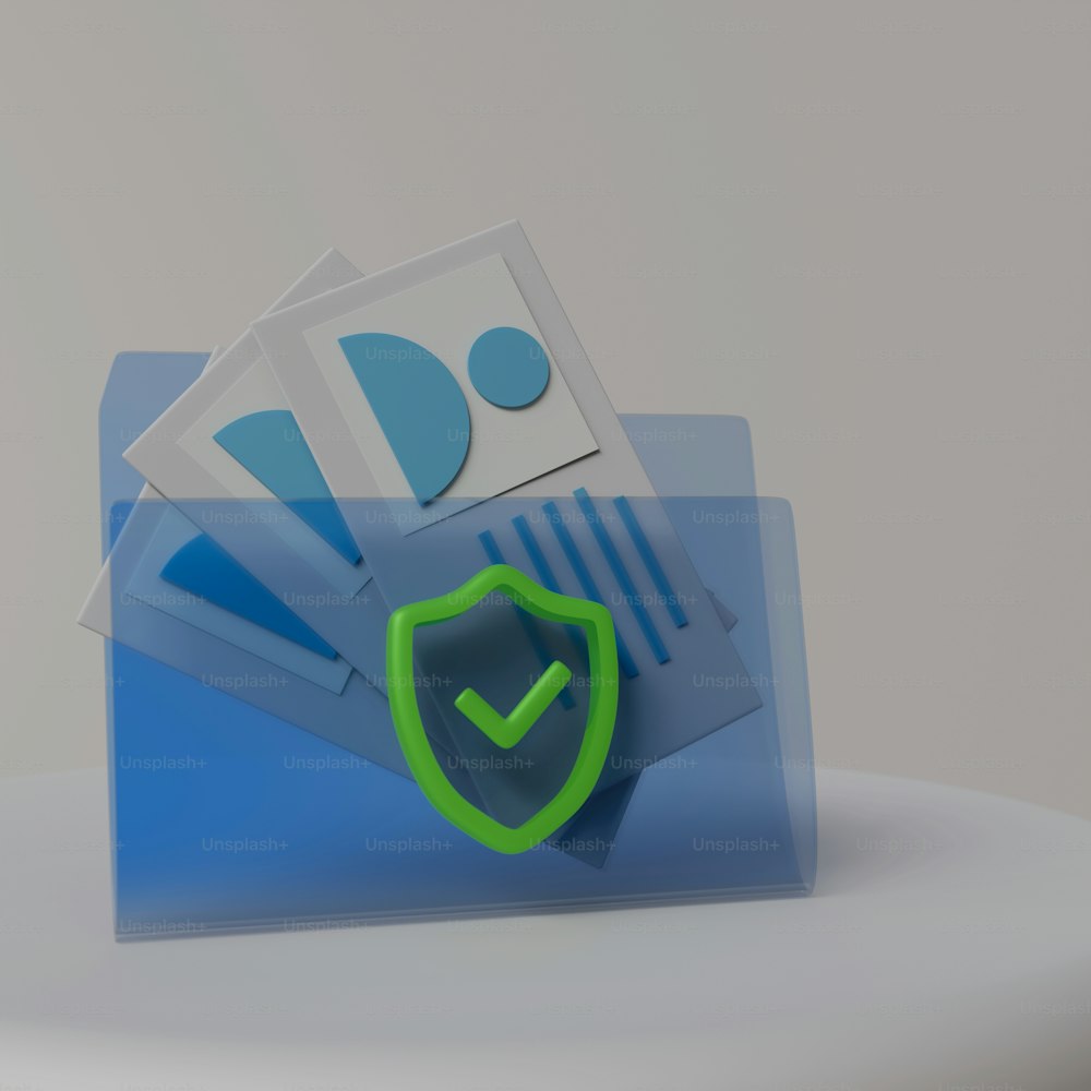 a blue folder with a green shield on top of it
