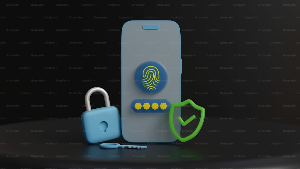 a cell phone with a fingerprint on it next to a padlock