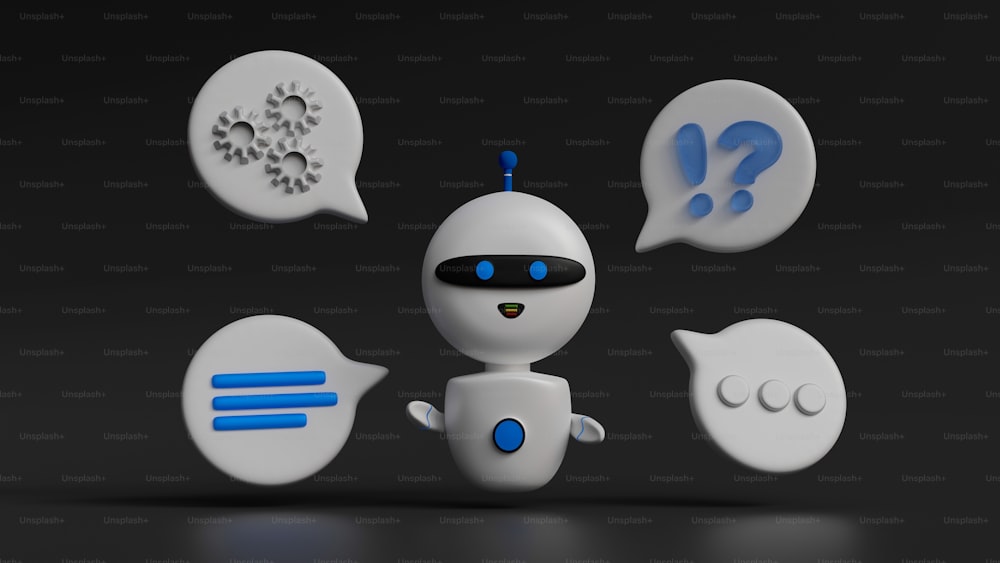 Ein weißer Roboter ist von Sprechblasen umgeben