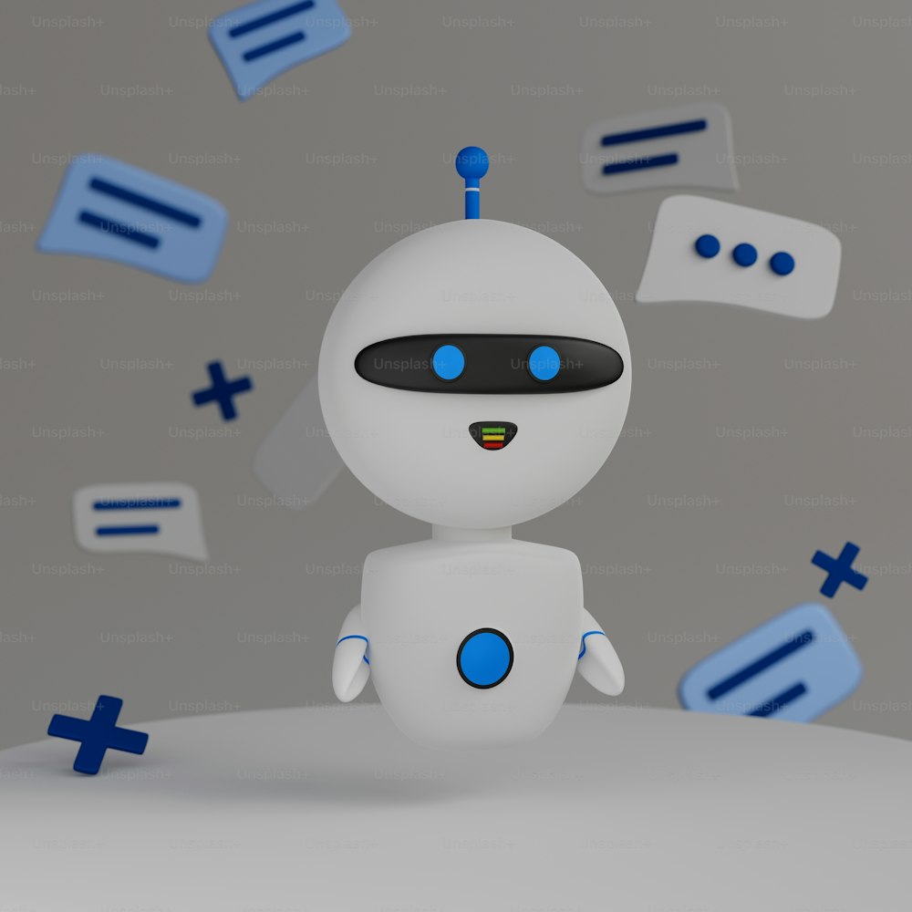 Ein weißer Roboter mit blauen Augen steht vor Sprechblasen