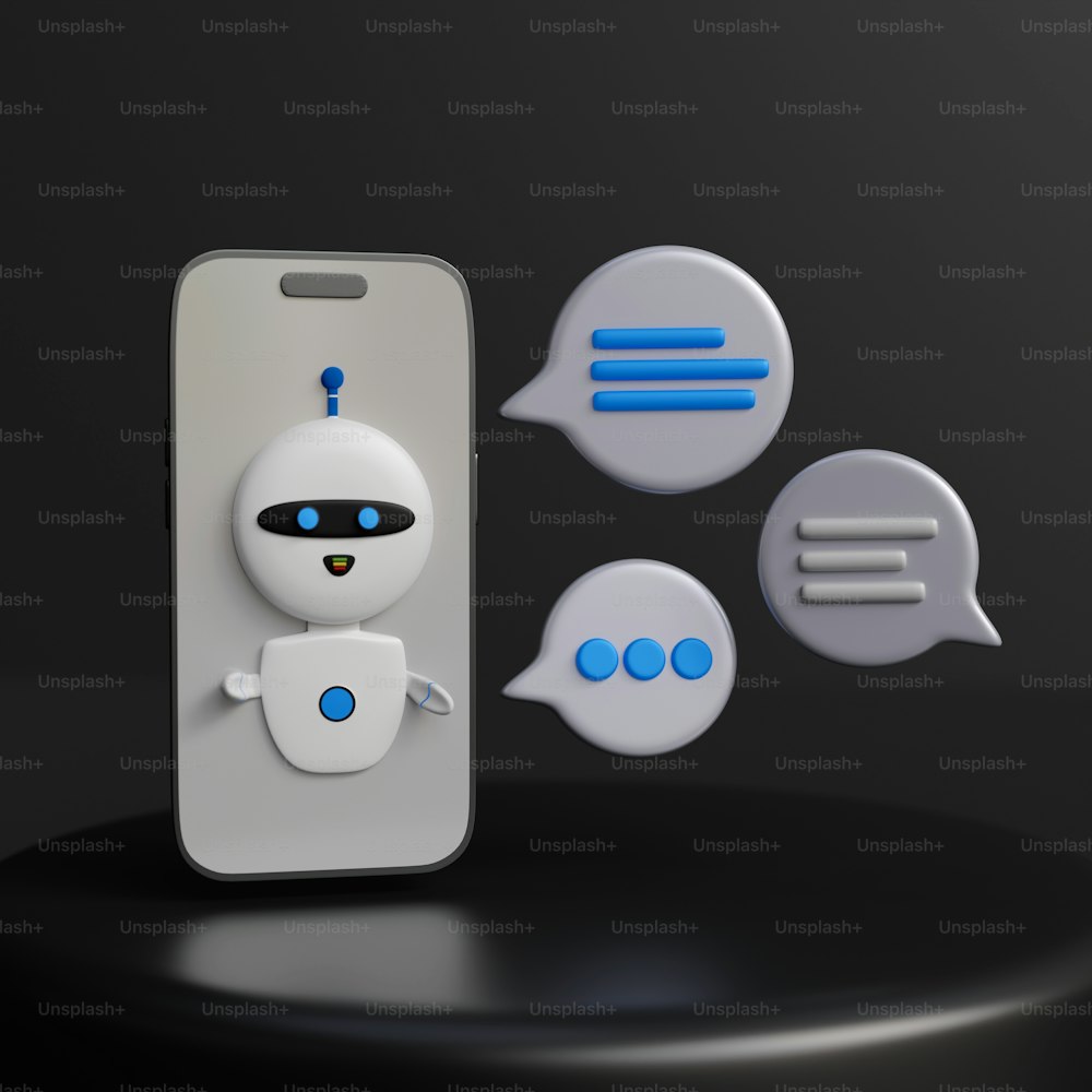 a cell phone with a robot on it next to speech bubbles