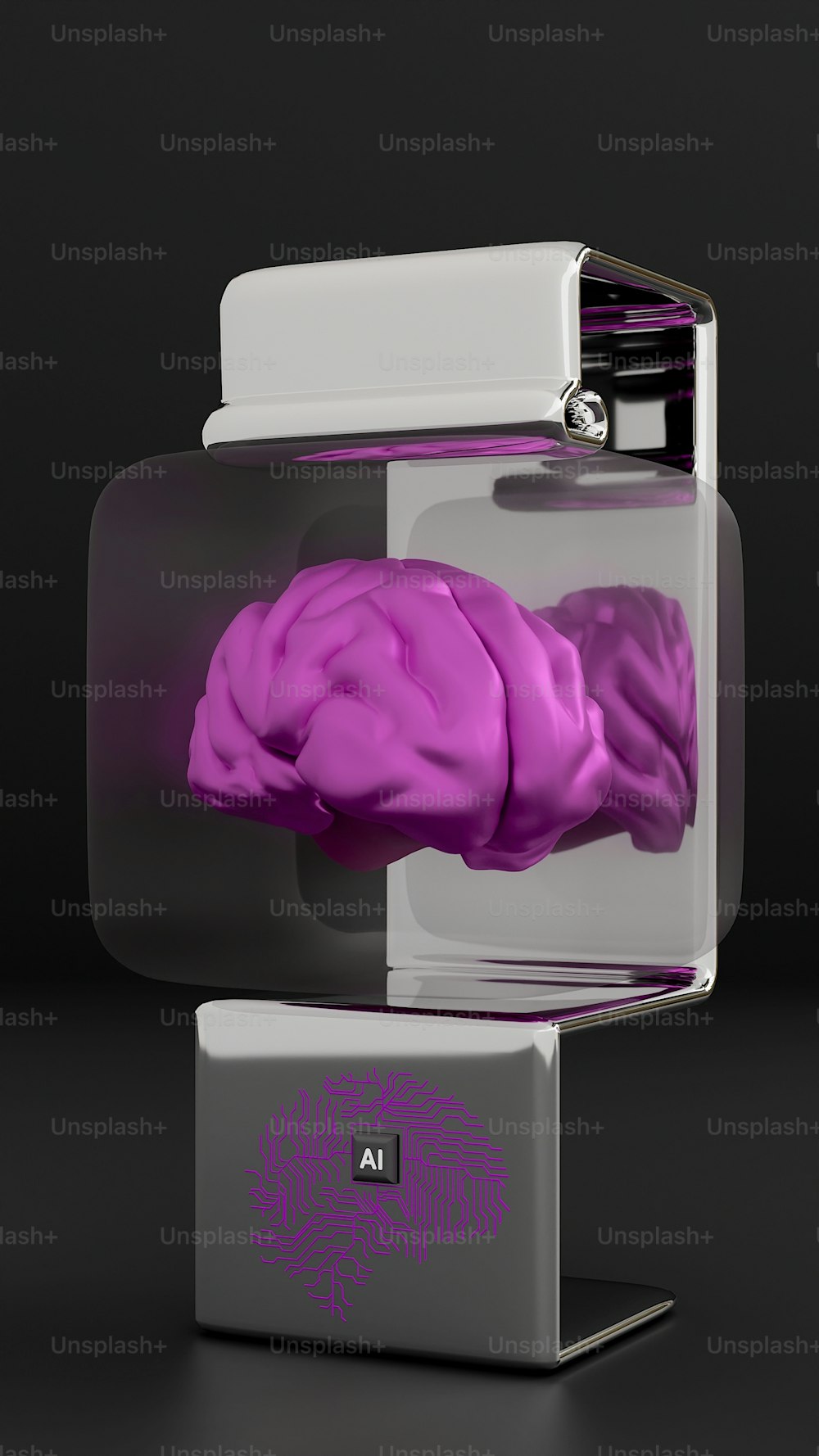 Um modelo roxo de um cérebro humano em uma caixa de vidro