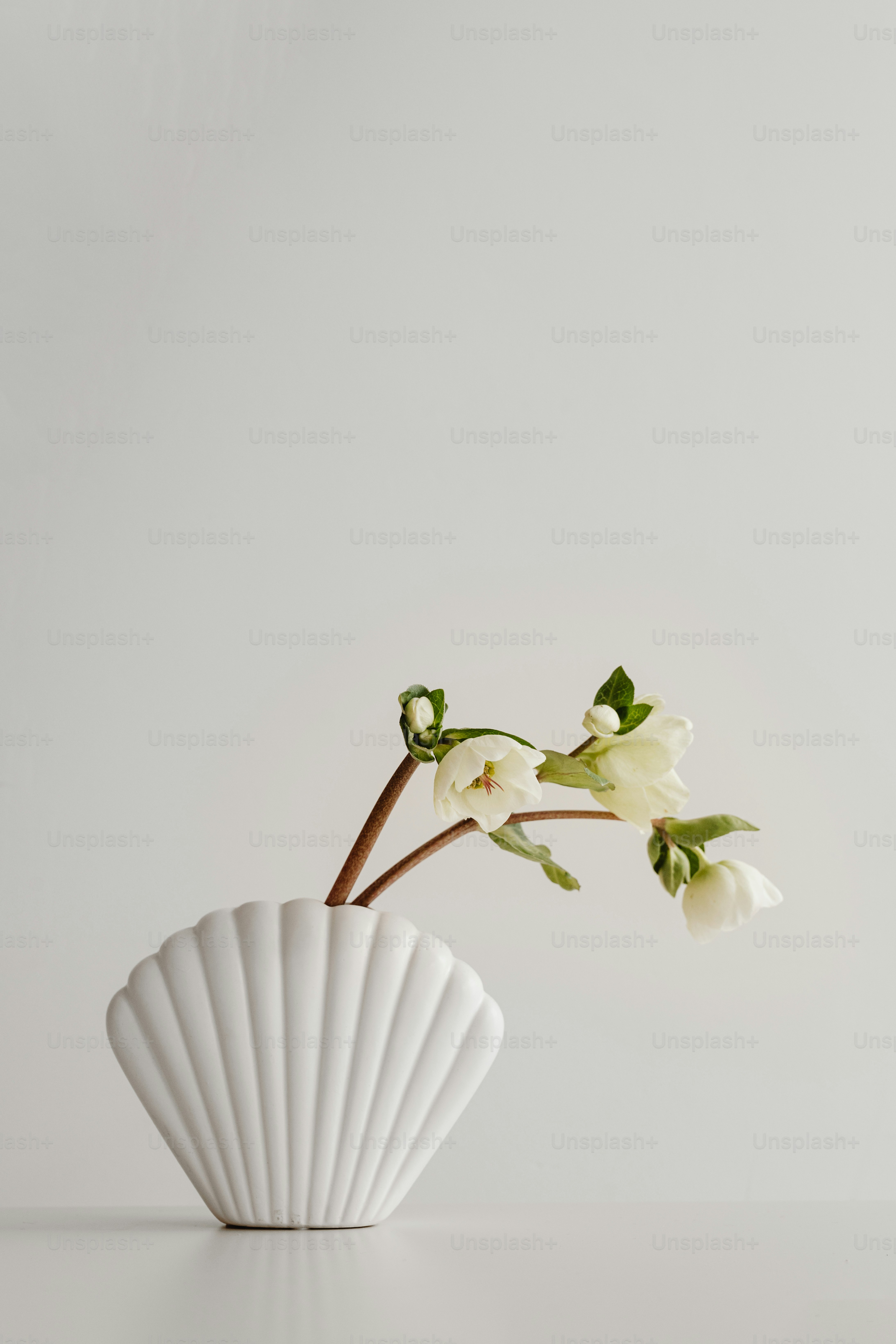 a white vase with flowers in it on a table