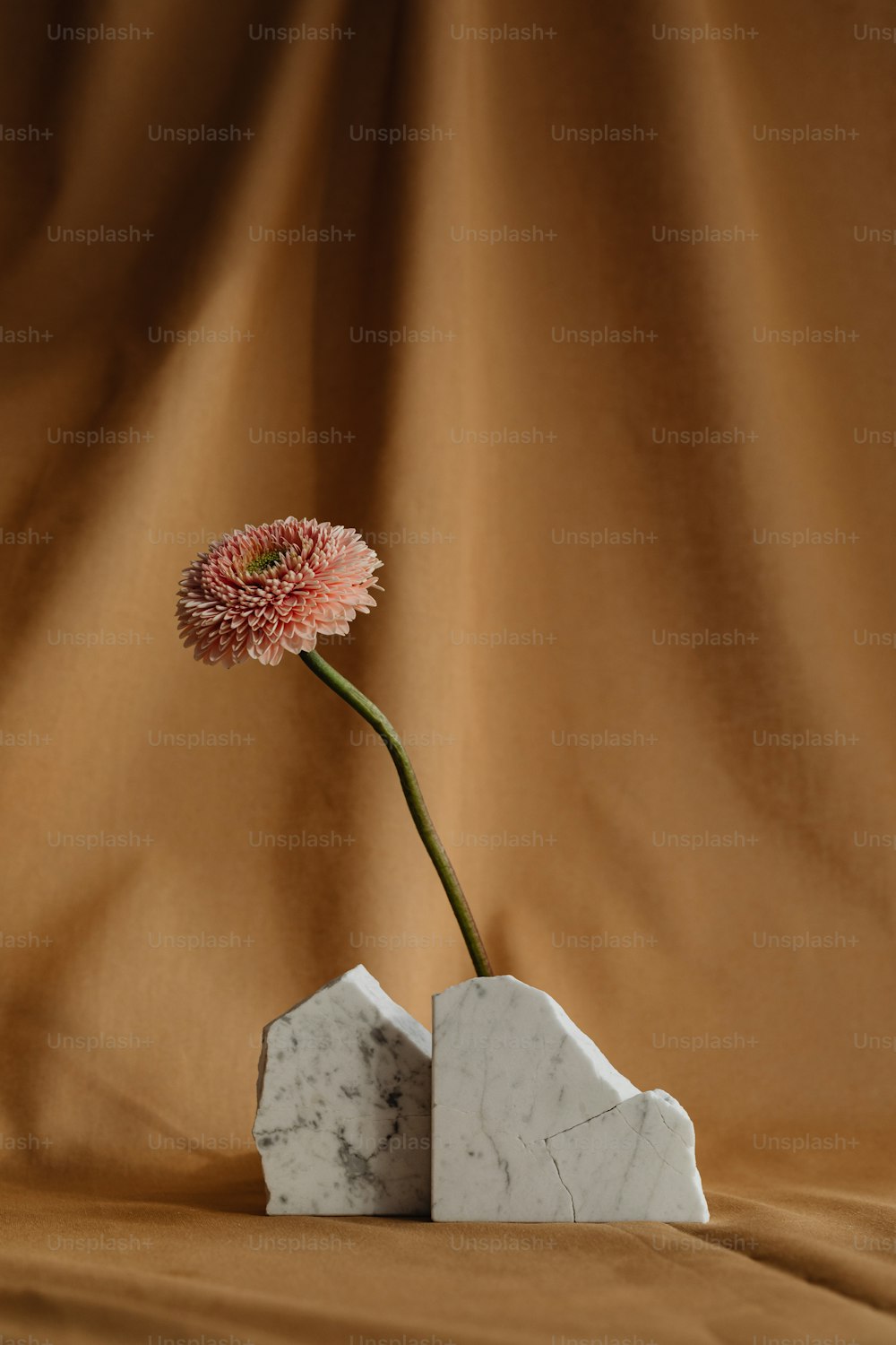 uma única flor rosa em um vaso de mármore