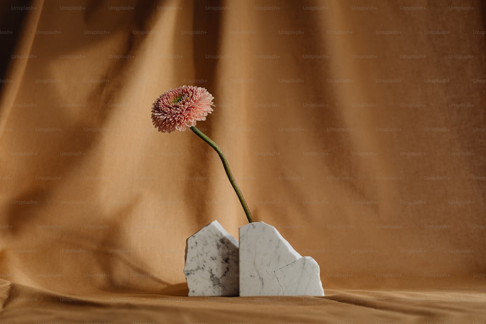 a single flower in a marble vase on a brown cloth