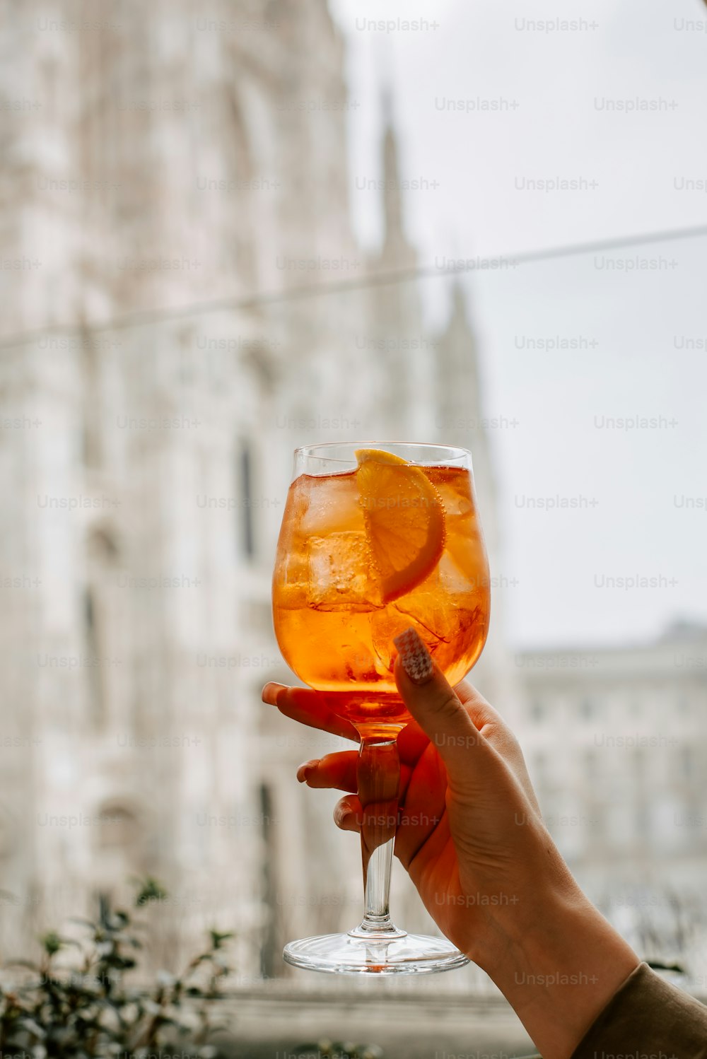 a person holding a wine glass with a drink in it