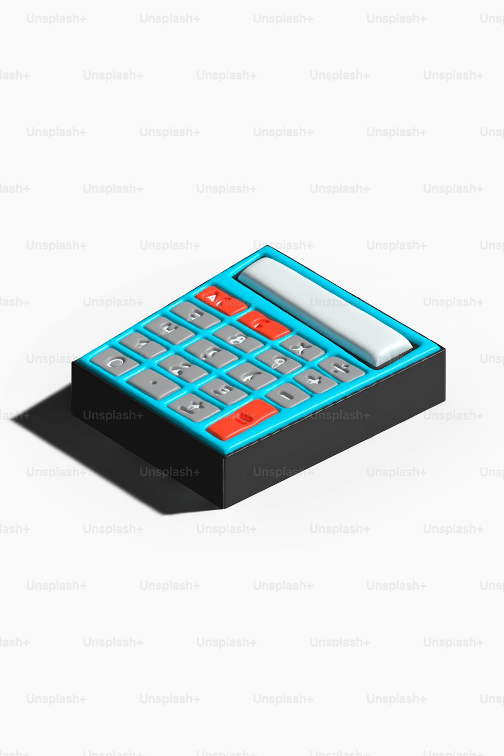 uma calculadora azul sentada em cima de uma superfície branca
