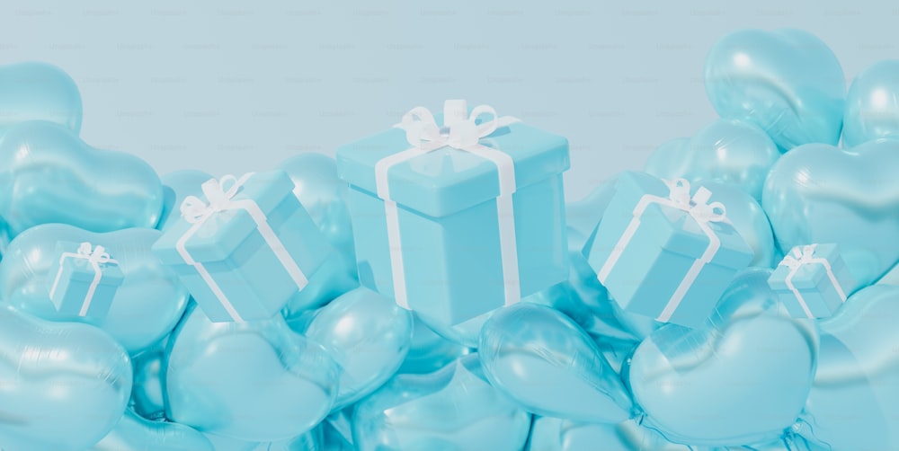 un mucchio di palloncini blu che hanno un regalo su di loro